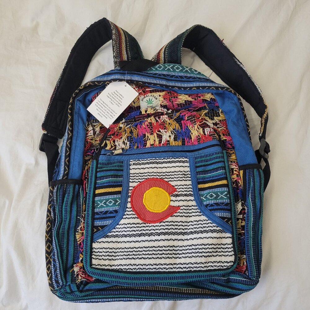 New Colorado Woven Hemp Canvas Back Pack 3 Large Pockets and side Drink holder